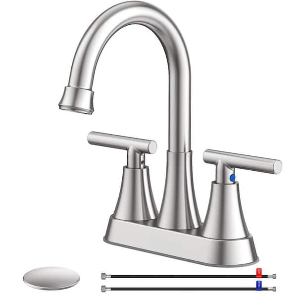 1-Set 4 in. Bathroom Faucets for Sink with 2 Handle, 3 Hole, Pop-up Drain and 2 Supply Hoses, Nickel