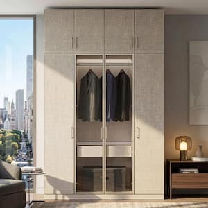 Beige-A Wood 63 in. Bedroom Armoire with Glass Doors, Top Cabinets, LED Lighting, Hanging Rod, 2-Shelves, Organizer