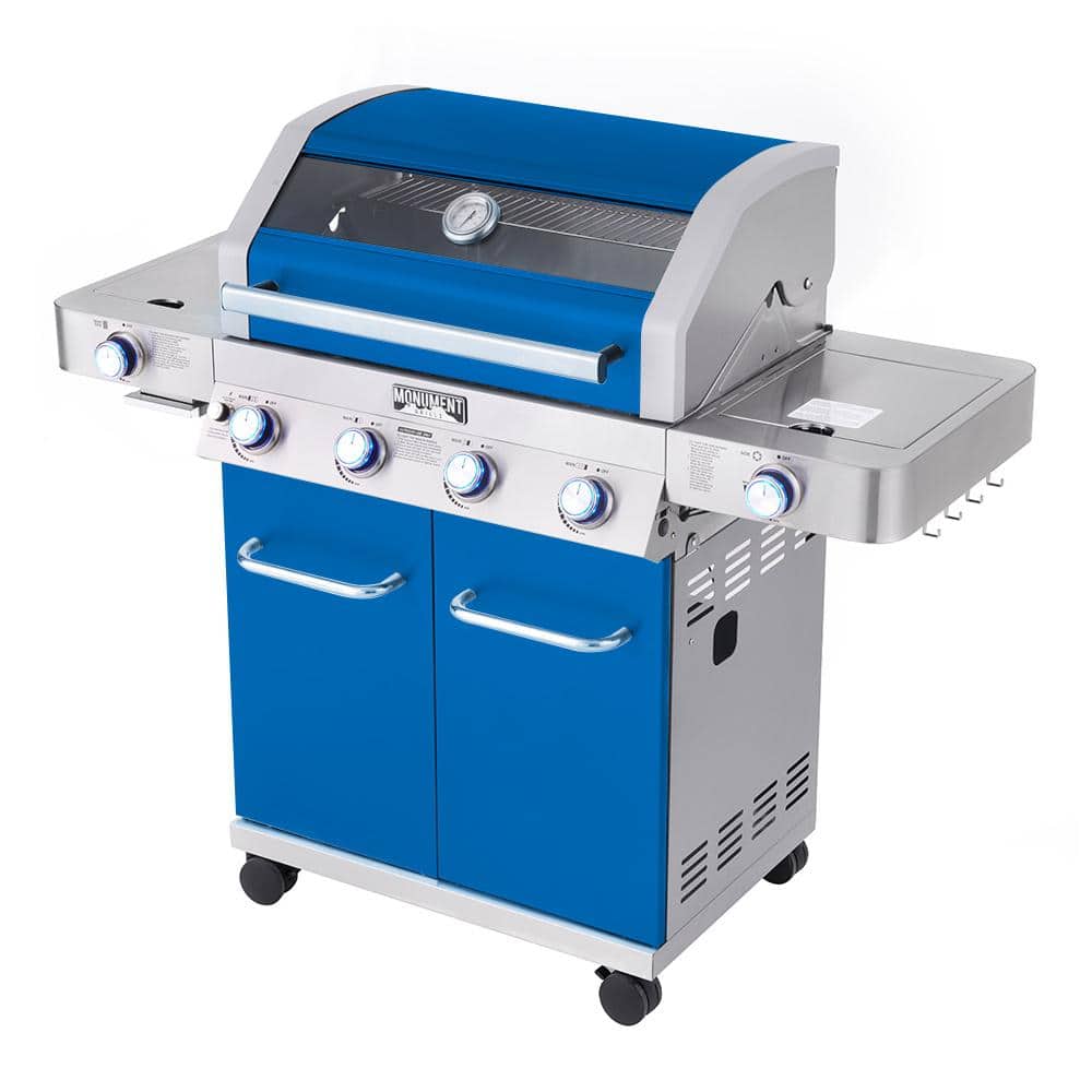 Monument Blue Stainless Steel 4-Burner Propane Gas Grill with Infrared Side Burner