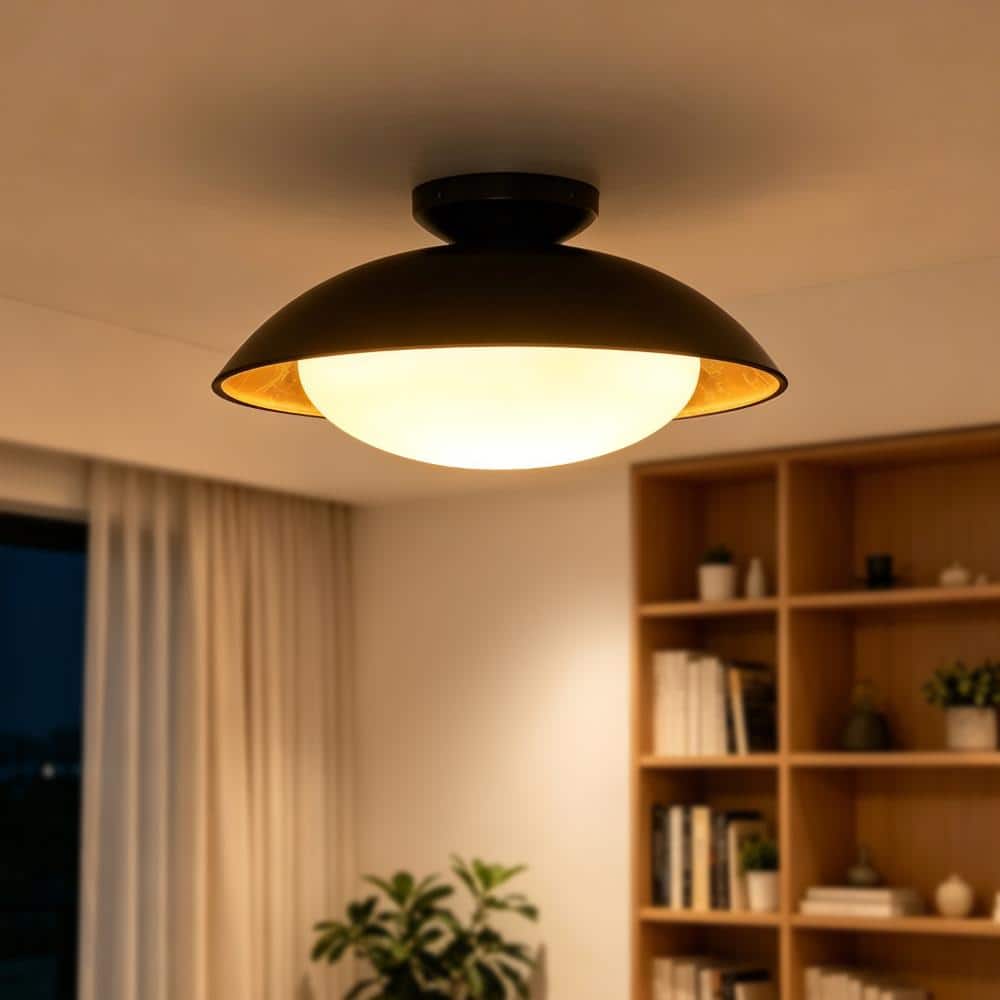 15.7 in. 1-Light Matte Black and Gold Semi Flush Mount Ceiling Light with White Glass Globe Shade for Dining Room Foyer price history on PriceWatchPro