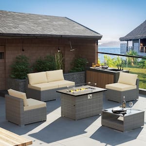 6-Piece Wicker Outdoor Patio Sectional Conversation Set with Beige Cushions and Fire Pit Table