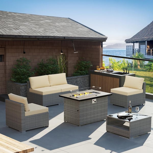 Gardenbee 6-Piece Wicker Outdoor Patio Sectional Conversation Set with Beige Cushions and Fire Pit Table