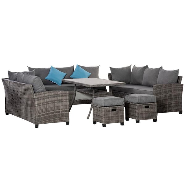 FORCLOVER Patio Conversation Sofa 6-Piece Wicker Outdoor Sectional Set with Mixed Gray Cushions and Blue Pillows