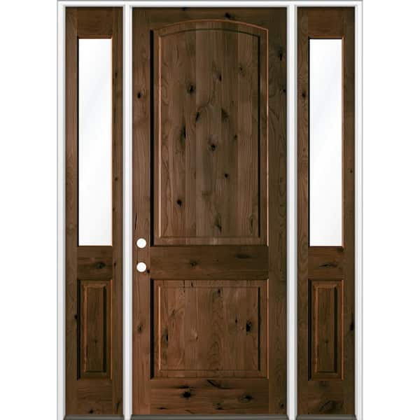 60 in. x 96 in. Knotty Alder 2-Panel Arch-Top Right-H /Inswing Clear Glass Espresso Stain Wood Prehung Front Door DHSL