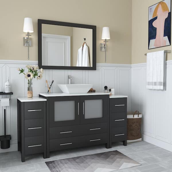 Ravenna 60 in. W Bathroom Vanity in Espresso with Single Basin in White Engineered Marble Top and Mirror