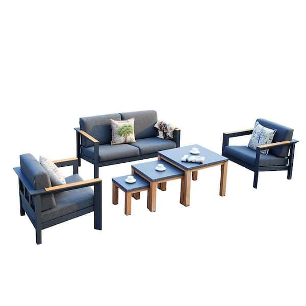 DIRECT WICKER Monet 6-Piece Aluminum Patio Conversation Set Nesting Table with Gray Cushions (Set of 3)