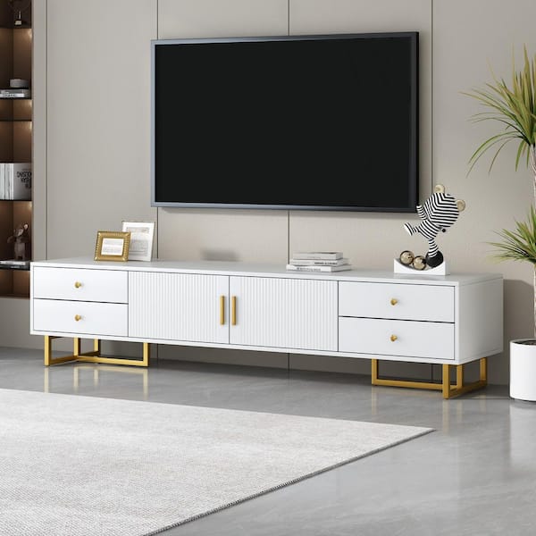 White 70.9 in. Modern MDF and Metal TV Stand with 4 Drawers and Wave Groove Cabinet (Max TV Size 75 in.)