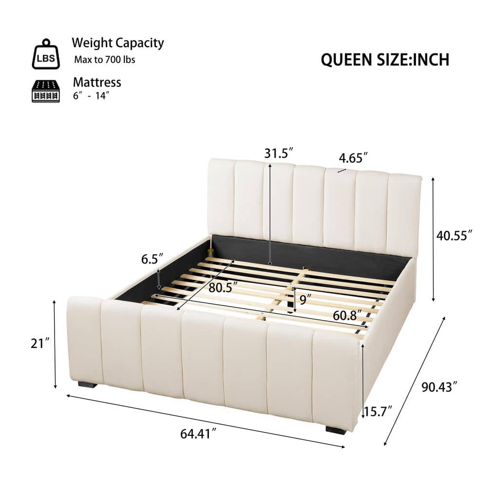 Bastin Beige Linen Fabric Upholstered Wood Frame King Size Platform Bed with Pipes Tufted Thick Headboard - thumbnail 5