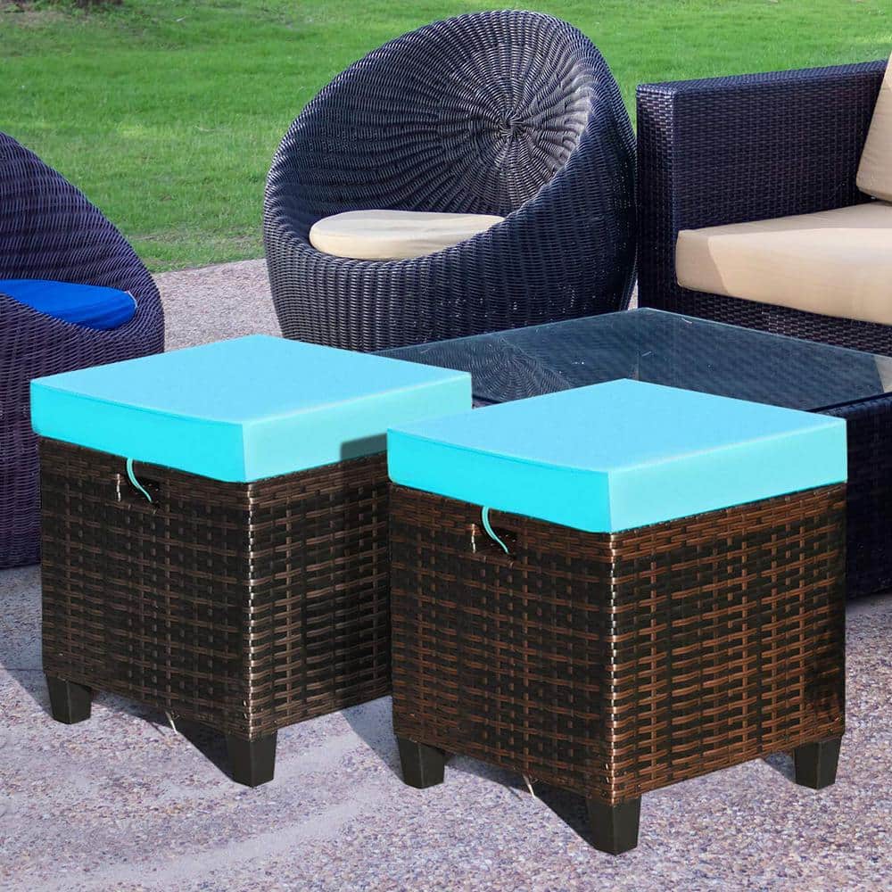 Mix Brown Wicker Outdoor Ottoman with Turquoise Cushion (2-Pack)