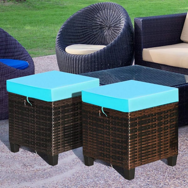 Unbranded Mix Brown Wicker Outdoor Ottoman with Turquoise Cushion (2-Pack)