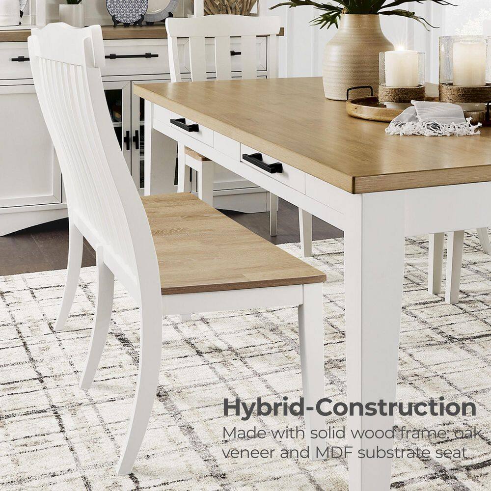 White and Natural Wood Slat-Back Dining Bench
