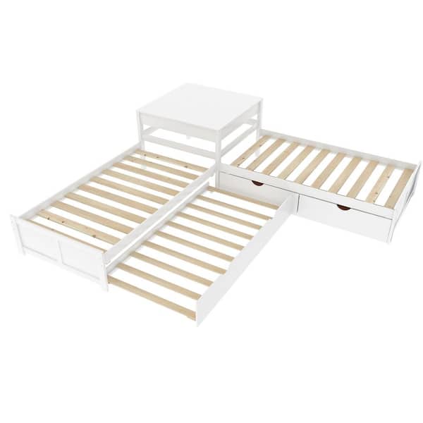 Polibi Modern White Twin Size L-shaped Platform Bed with Trundle and Drawers Linked with Built-in Desk