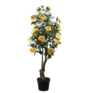 5.5 ft. Potted Yellow and Orange Artificial Peony Flower Tree