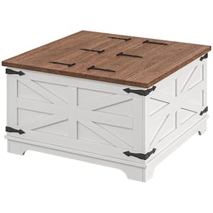 Farmhouse Coffee Table 31.5 in. White Rectangle Composite Coffee Table with Hinged Lift Top, Hidden Space