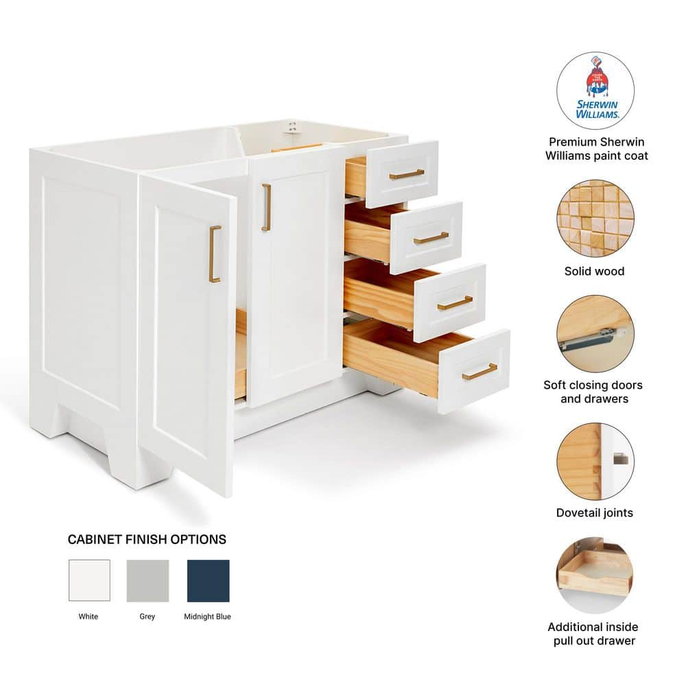 Taylor 42'' White Wood Freestanding Single Vanity Base with Brass Hardware