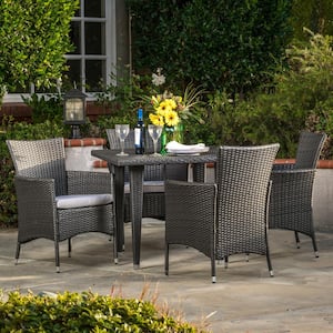 Malta Grey 5-Piece Faux Rattan Square Outdoor Dining Set with Silver Cushions