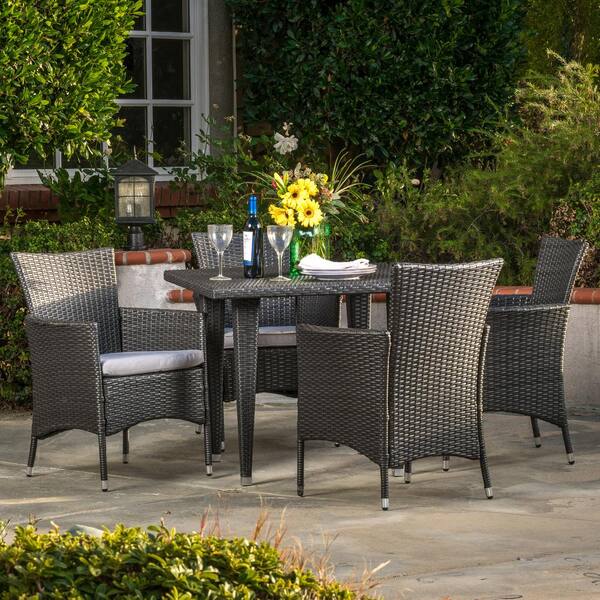 Noble House Malta Grey 5-Piece Faux Rattan Square Outdoor Dining Set with Silver Cushions