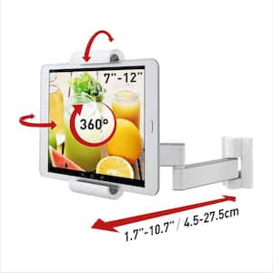 Barkan 7" to 12" Full Motion - 4 Movement Tablet Wall & Cabinet Mount, White, Firm Tablet Clamp, 360° Rotation