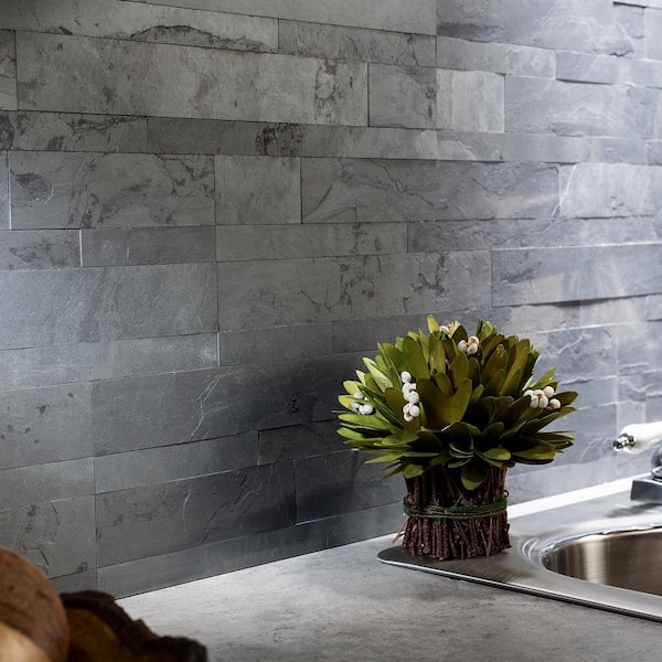 Home Stone Tile and Slate Stick - in. Decorative 5.9 Peel Depot in. x Backsplash Aspect Charcoal The 23.6 A9082