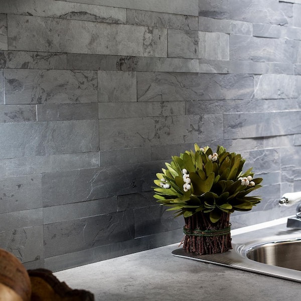 23.6 in. x 5.9 in. Charcoal Slate Peel and Stick Stone Decorative Tile Backsplash