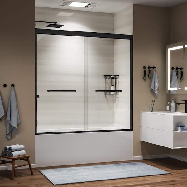 60 in. W x 58 in. H Sliding Tub Door in Matte Black with Clear Glass and 2 Handles