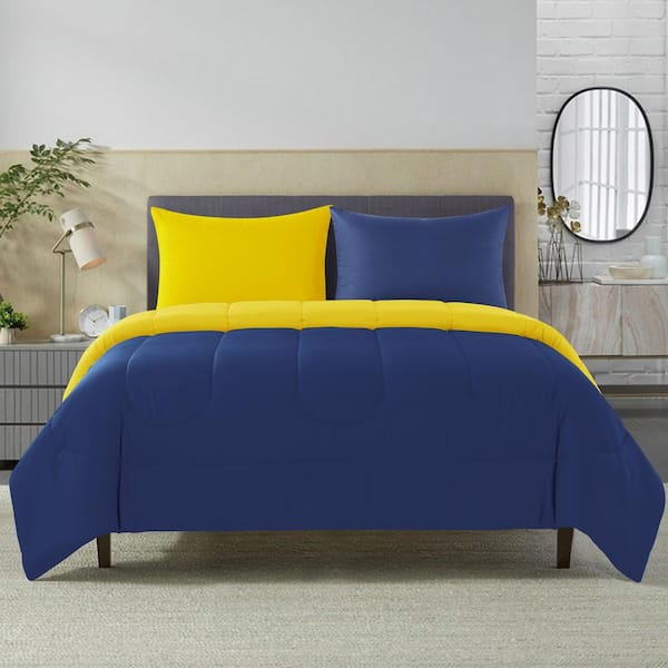 Solid 3 Piece Navy Yellow Reversible Full Queen Microfiber Comforter Set Ns659by13 The Home Depot