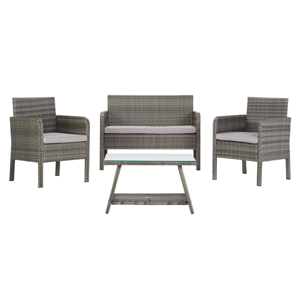 Aboka Gray 4-Piece Wicker Patio Conversation Set with Gray Cushions