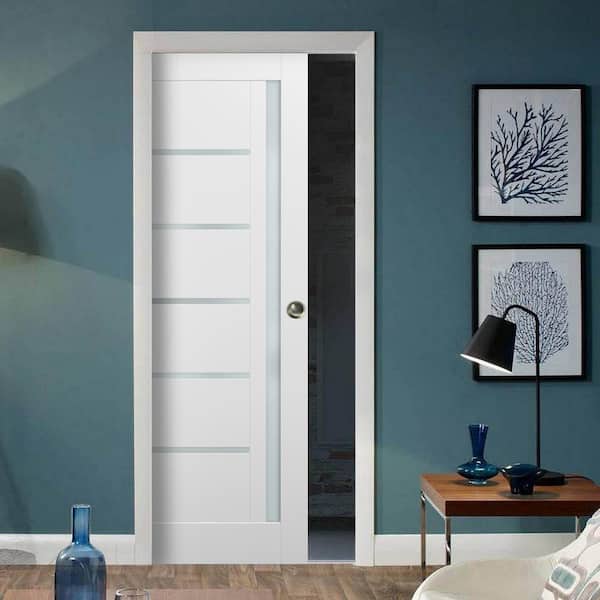 30 in. x 84 in. Single Panel White Finished Solid MDF Sliding Door with Pocket Hardware