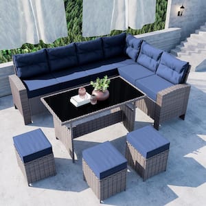 7-Piece Wicker Outdoor Dining Table Set with Ottomans and Cushions NavyBlue