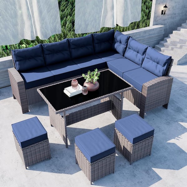 Halmuz 7-Piece Wicker Outdoor Dining Table Set with Ottomans and Cushions NavyBlue