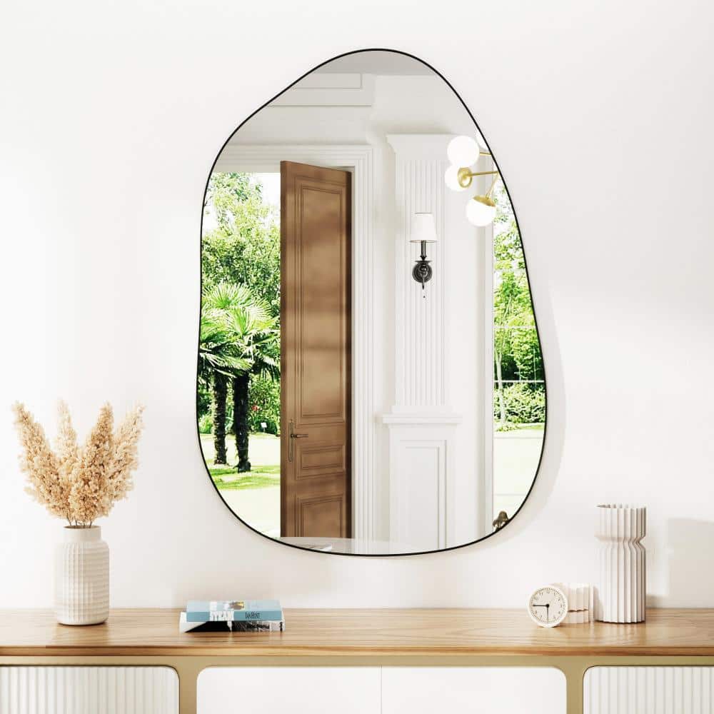 "19"" W x 27"" H Aluminum Framed Irregular Oval Bathroom Vanity Wall Mirror, in Black, for Bedroom, Living Room" price history on PriceWatchPro
