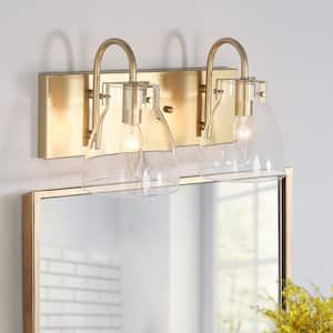 Modern 2-Light Gold Bathroom Vanity Light with Bell Clear Glass Shades Classic Mirror Brass Wall Sconce
