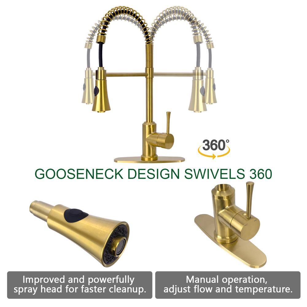 Brass Gold Single Handle Pull-Down Kitchen Faucet with Spray
