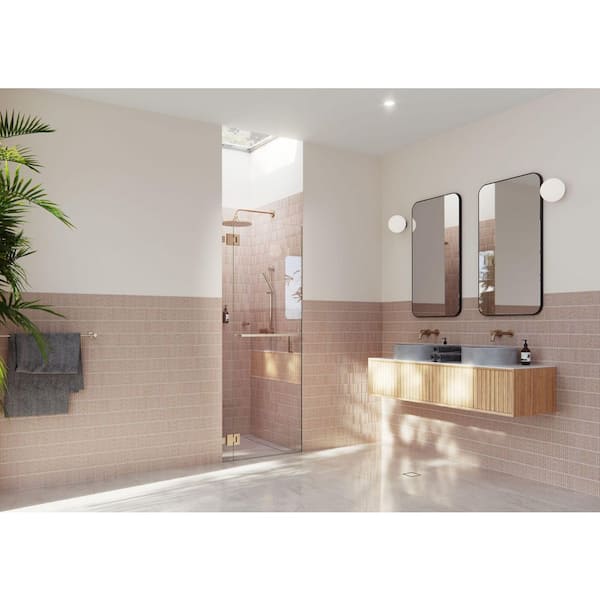 Mimas 33. 75 in. W x 78 in. H Glass Hinged Frameless Towel Bar Shower Door in Brushed Bronze with Clear Glass