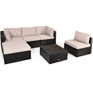 6-Piece Wicker Rattan Outdoor Sectional Set Outdoor Furniture Set with Beige Cushions