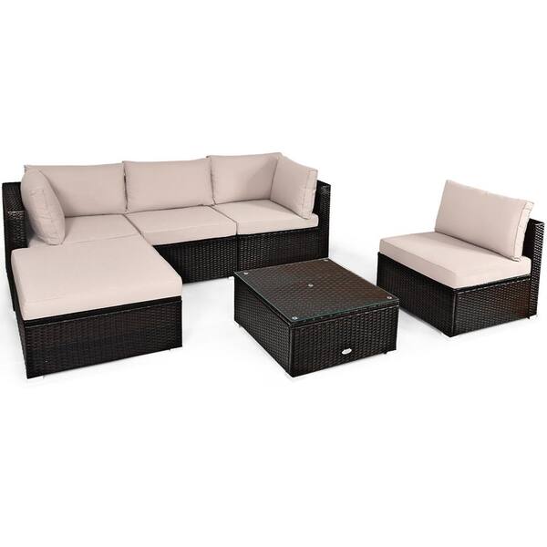 6-Piece Wicker Rattan Outdoor Sectional Set Outdoor Furniture Set with Beige Cushions