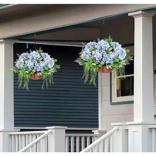 21.3 in. Blue Outdoor Artificial Hydrangea Flower in Basket Garden