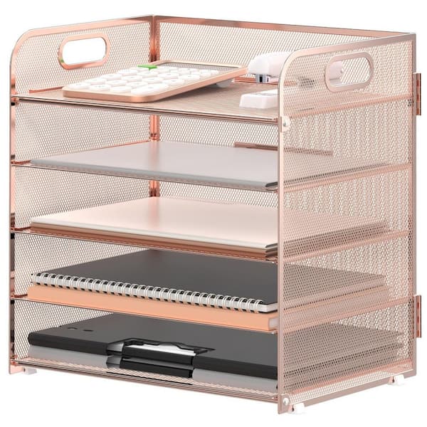 11.42 in. x 12.6 in. 5-Trays Paper Organizer Letter Tray with Handle-Mesh Desk File Organizer, Desk Organizer, Rose Gold