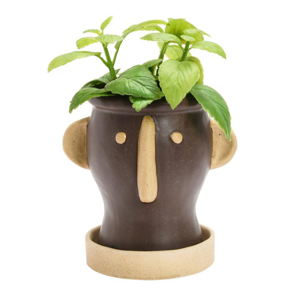 Matte Black and Cream Stoneware Face Planter with Saucer