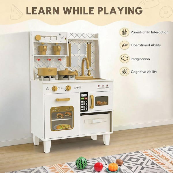 SEEUTEK Wooden Play Kitchen for Kids Compact Pretend Kitchen