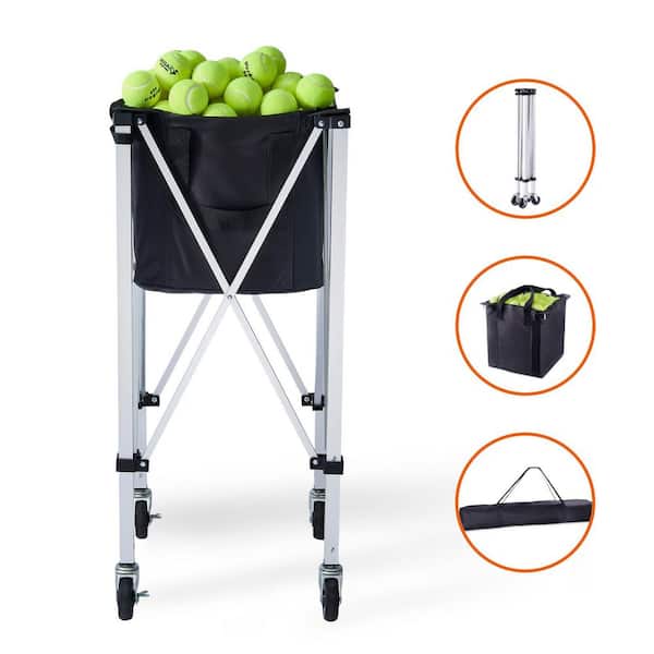 Foldable Tennis Ball Hopper, 150-Ball Capacity, Aluminum Basket Cart with Wheels, Removable Bag, Portable for Players