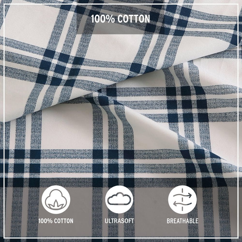 Navy and White Plaid Cotton Percale Queen Sheet Set