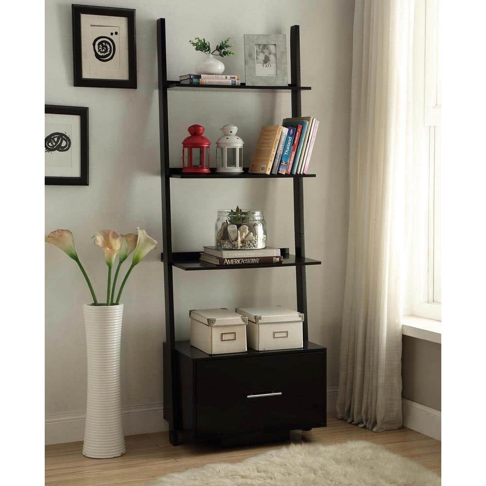 Heritage Black Wood Ladder Bookcase with File Drawer