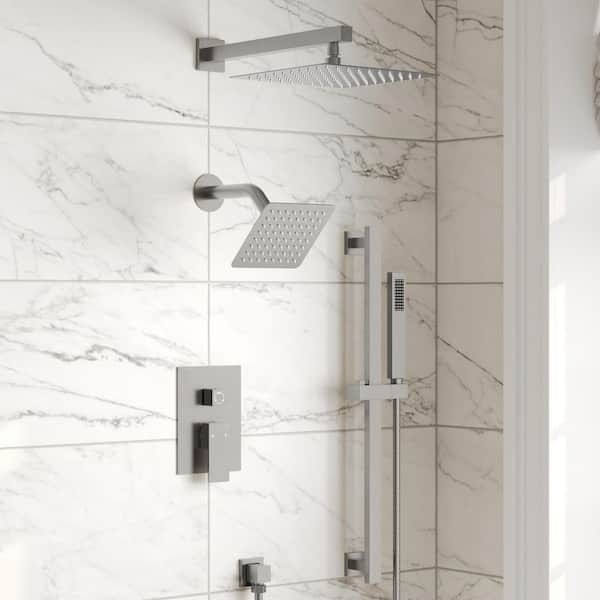 GRANDJOY 10 in. and 6 in. Square Shower System 3-Spray Dual Wall Mount Fixed and Handheld Shower Head 2.5 GPM in Brushed Nickel