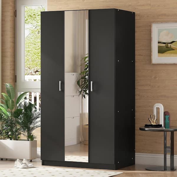 CSC DECOR INC Black Wood 35.4 in. Armoire with Mirror and Hanging Rod 3 Door Wardrobe Closet with 3 Fixed Shelves Storage Cabinet