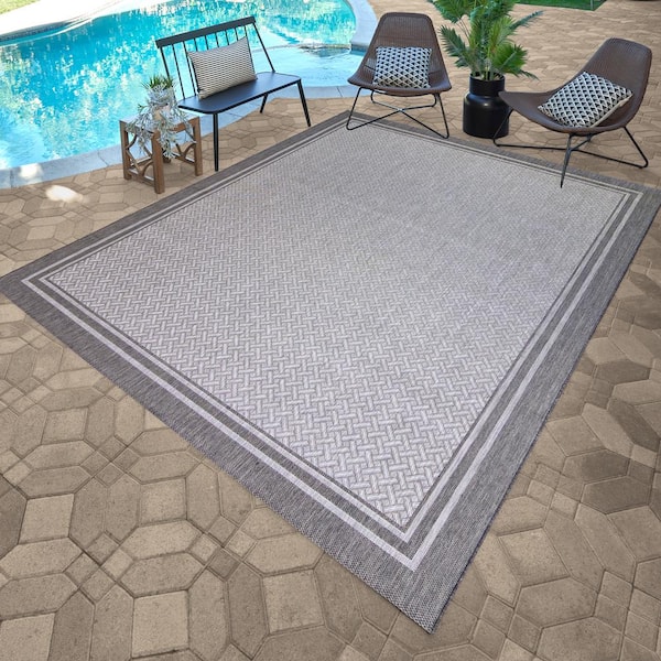 6 x 9 Silver Pebble Aloha Washable Bordered Indoor Outdoor Area Rug