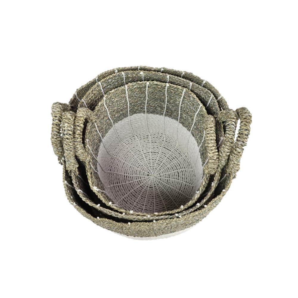 Coastal Charm White and Natural Seagrass Round Storage Baskets, Set of 3