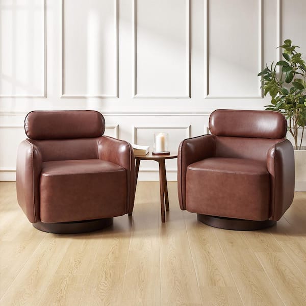 JAYDEN CREATION Pius Brown Modern Swivel Genuine Leather Barrel Chair with Adjustable Headrest (Set of 2)