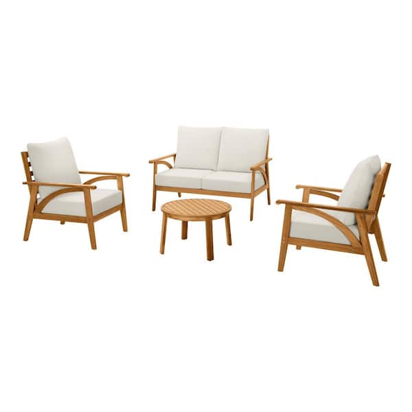 Windy Hill 4-Piece Acacia Wood Outdoor Chat Set with CushionGuard Almond Biscotti Cushions