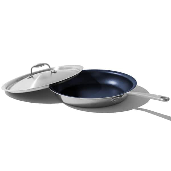 Adrinfly 12 in. 5 Ply Stainless Steel-Clad Base Professional Grade Nonstick Induction Compatible Frying Pan in Blue Lid